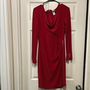 Cache Red Long Sleeve Draped Dress